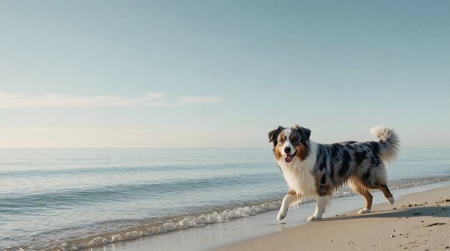 Dog walking along a peaceful beach beside the ocean