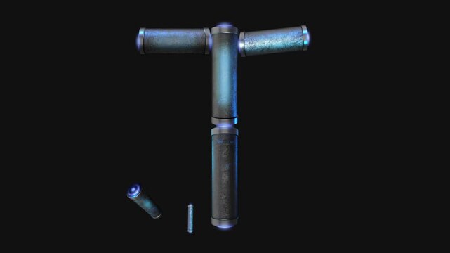 A drag and drop overlay letter that is made up from animated metallic tubes that pulsate and rotate.
