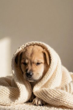 Cozy puppy curled up warmly inside a knitted blanket