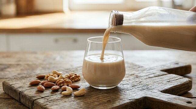 Plant Based Nut Beverage Poured into Glassware Beside Glass Bottle and Whole Nut Kernels Arranged on Rustic Wooden Serving Board pistachio milk beverage plant based vegan dairy free drink glass