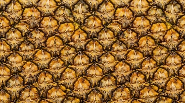 Fresh ripe pineapple skin texture closeup background macro natural yellow brown organic tropical fruit pattern detail abstract design surface view