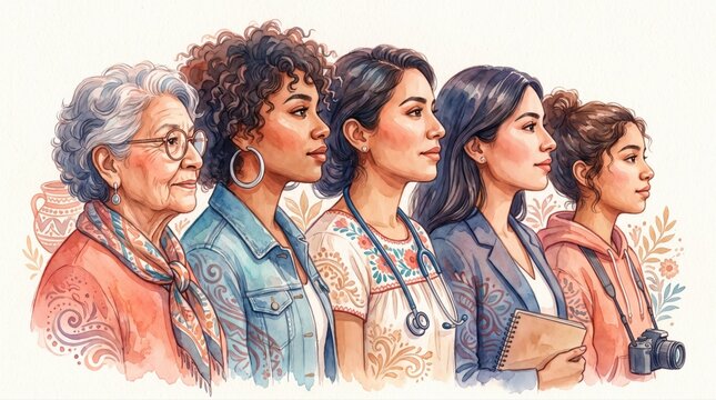 Illustration depicts a diverse group of Latin American women across generations, representing various modern professions and lifestyles. This signifies empowerment and community.