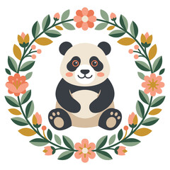 Cute panda character sitting inside beautiful floral circle wreath. © RUHUL