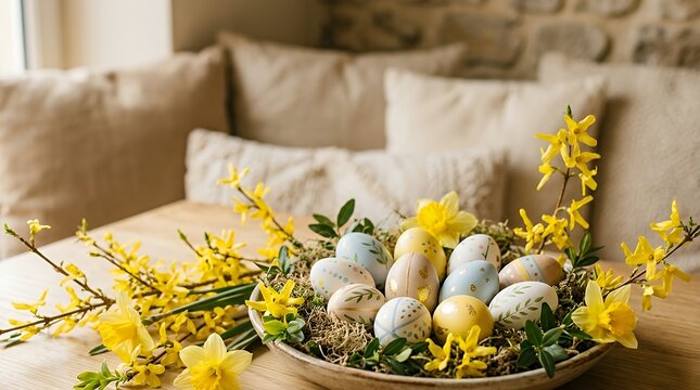 Seasonal Holiday Arrangement Featuring Decorated Eggs and Yellow Floral Sprigs on Neutral Warm Background Space easter eggs spring mimosa flowers composition festive background seasonal holiday beige