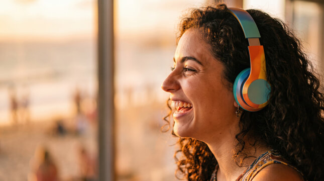 Young woman laughing wearing colorful headphones enjoying music at sunset with curly hair and warm light