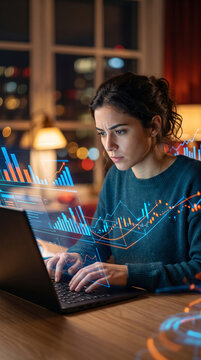 Young woman working on laptop with futuristic glowing data charts symbolizing analysis, technology, and business growth