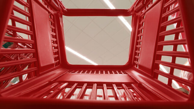 Red shopping basket viewed from low angle in a retail setting  