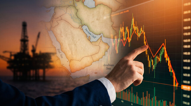 Hand pointing at a stock chart with oil rig and Middle East map background, symbolizing global energy market analysis and trading