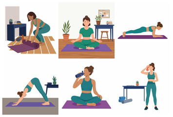 Fototapeta premium Vector Illustration Set of Women Practicing Yoga, Meditating, and Exercising at Home for Wellness and Healthy Lifestyle