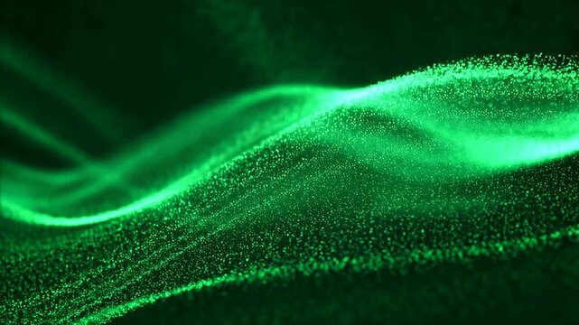 Green glowing particles flow and undulate forming smooth wave patterns on a dark background. Layered green and black tones enhance movement and depth.