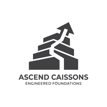 Monochrome corporate logo featuring a layered platform structure and upward