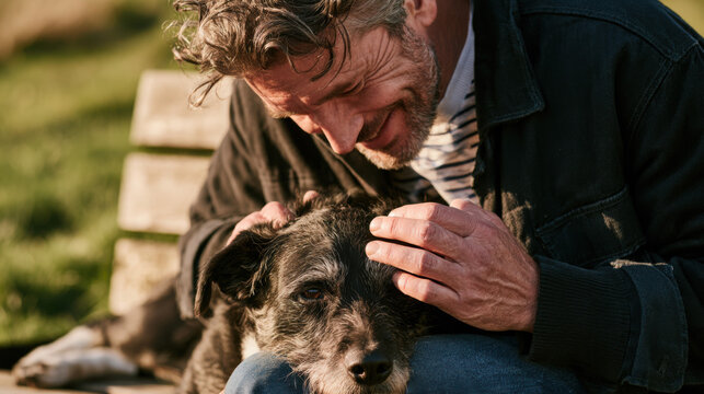 Adult man smiling and petting a dog while sitting on a park bench  