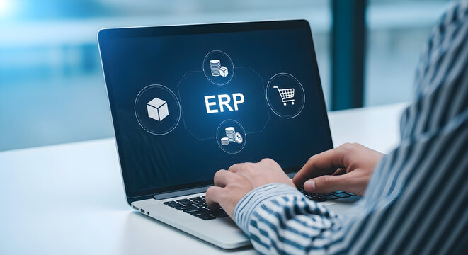 Professional Using Laptop for Enterprise Resource Planning Software Management for Optimized Corporate Business Operations and Workflow Efficiency