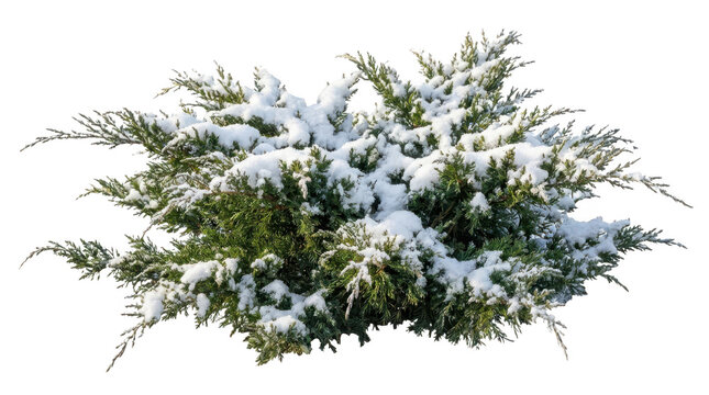 Green juniper bush covered with fresh white snow isolated on transparent background