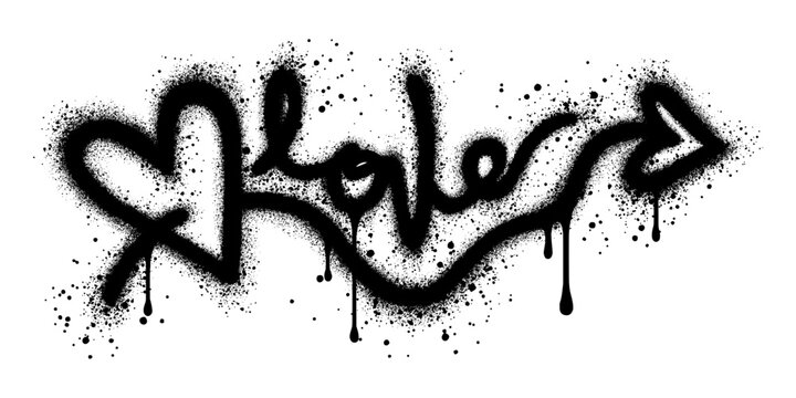 Sprayed love font graffiti with over spray in black over white for printing, backgrounds, posters, stickers.