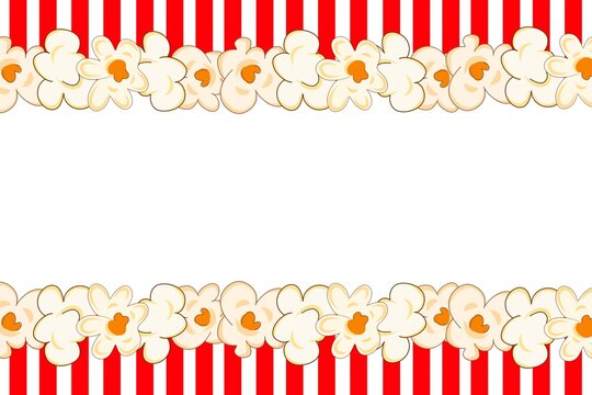 Popcorn Border Background. Cinema Snack Frame. Red White Stripe Template