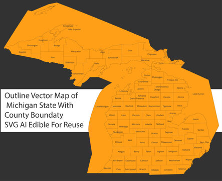 Outline Vector Map of Michigan State With County Boundary SVG AI Edible For Reuse with Label