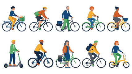 Fototapeta premium Diverse group of people riding bicycles and electric scooter set.