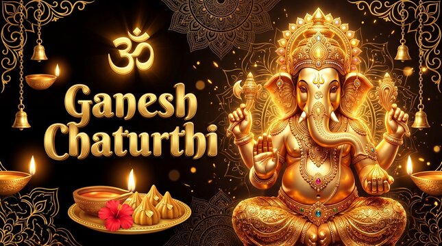 Ganesh Chaturthi 3D Typography And Elephant Head Illustration With Golden Ornamental Details hindu festival indian
