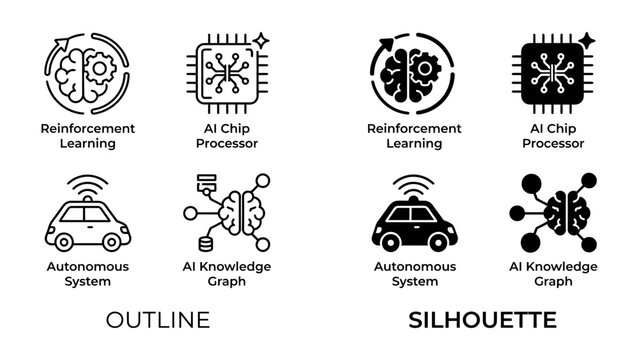 AI and Machine Learning Icons: A collection of vector icons representing key concepts in artificial intelligence and machine learning, including reinforcement learning, AI chips, autonomous systems.