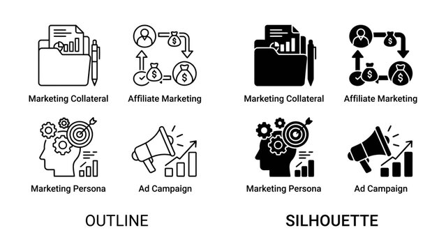Marketing Concepts Set: A collection of outline and silhouette icons illustrating key marketing concepts such as marketing collateral, affiliate marketing, marketing persona, and ad campaign.