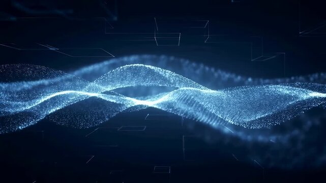 Abstract animation of glowing blue particles flowing in wave-like patterns on a dark background. Animated background combines flowing particle waves with data flow and digital waves.