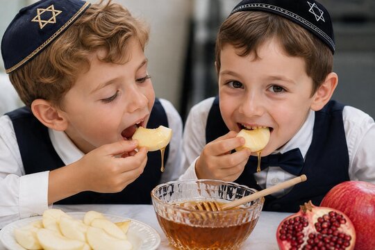  Two cute Jewish boys in kippahs eating sliced apples dipped in honey. Traditional Rosh Hashanah (Jewish New Year) celebration concept with pomegranate. Shana Tova greeting. Generative AI