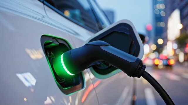 A person connects an electric car to a charging station in a city during the evening. Bright lights from buildings create a lively atmosphere as cars drive by