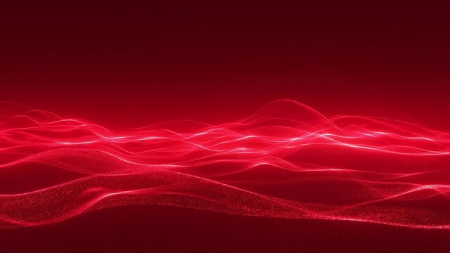 Glowing red wave lines flow and pulse horizontally across a dark red gradient background. Undulating light particles create a diffused glow effect in a digital abstract space environment.