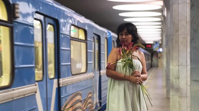 A woman standing on the platform next to a subway car turns toward the viewer; the scene is set in a bright, modern station featuring a calm urban style, neutral clothing contrast, a metallic train