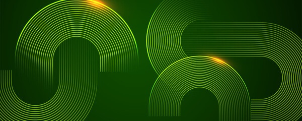 Fototapeta premium Green abstract background with glowing curved lines, smooth loops and modern geometric pattern. Vector illlustration.
