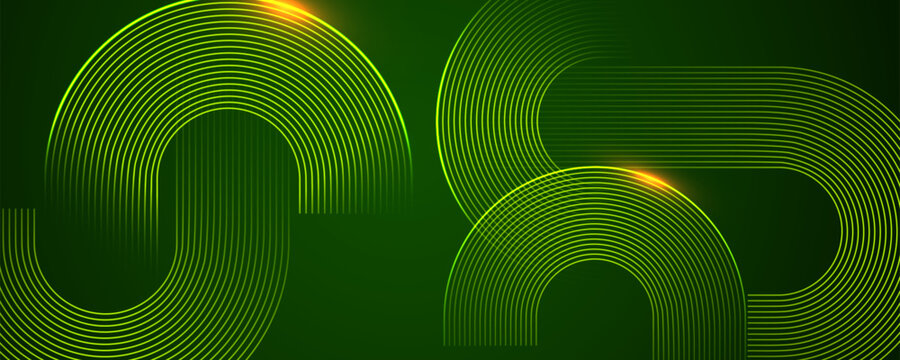Green abstract background with glowing curved lines, smooth loops and modern geometric pattern. Vector illlustration.