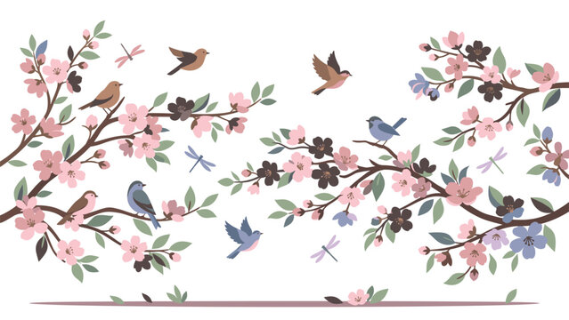 Spring blossoms on branches with cute birds and dragonflies design.