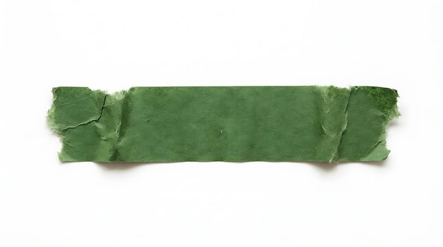 Green torn paper strip on white background, ripped recycled textile fragment, jagged paper edge texture, abstract vintage scrap backdrop