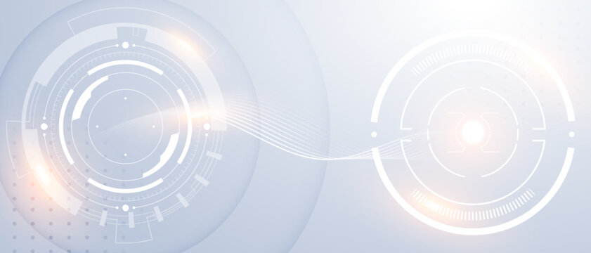 Light blue technology background with circular digital elements, geometric lines and soft light effects.