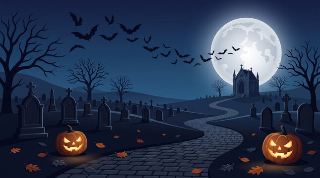 Spooky halloween night background with graveyard path haunted house moon and jack o lanterns halloween graveyard