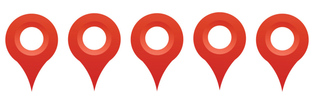 Set of glossy red gradient vector icons. Map pin, marker location realistic icons