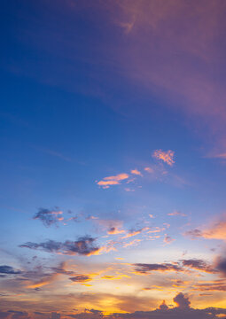 Vibrant Sunset Sky with Dramatic Purple and Orange Clouds,A stunning and vibrant sunset sky, featuring a beautiful blend of deep purple, blue, and fiery orange clouds. The dramatic cloud formations.