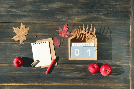 September calendar. calendar block with date 1 September, pencils, empty note paper, dry fallen leaves and red apples on brown wooden table background. flat lay. copy space. Template for design