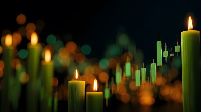 Green financial candlesticks and burning candles with bokeh background