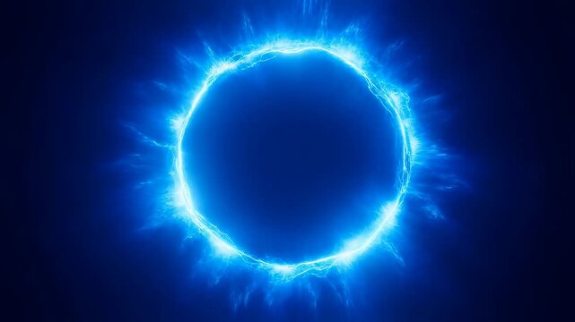 Bright blue glowing circular ring pulses and flickers with electric energy spikes on a dark background. Animated scene combines glowing ring and energy spikes with light.
