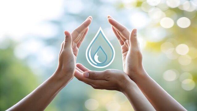 Human hands cupping a glowing blue water drop symbol against a soft blurred green background