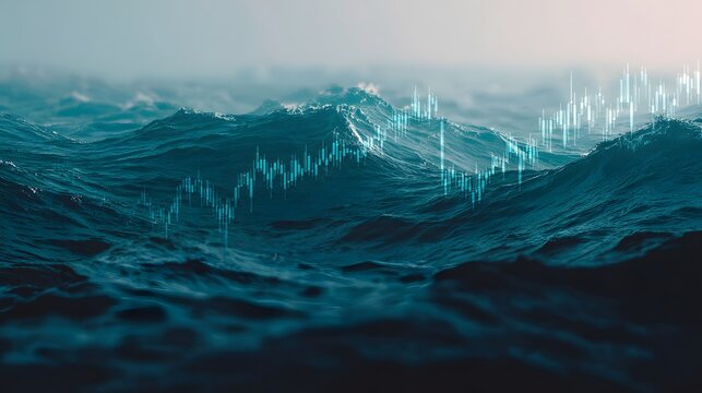 Turbulent ocean waves with superimposed stock market candlestick chart