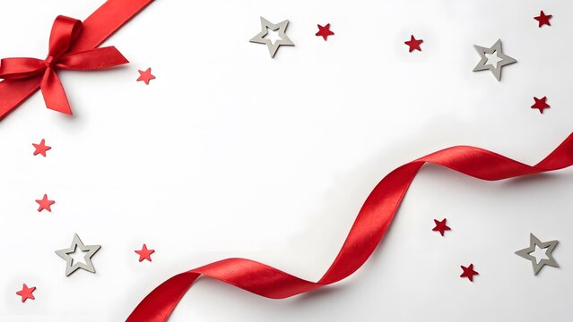 Elegant red silk ribbon bow with festive silver star decorations placed on clean white background