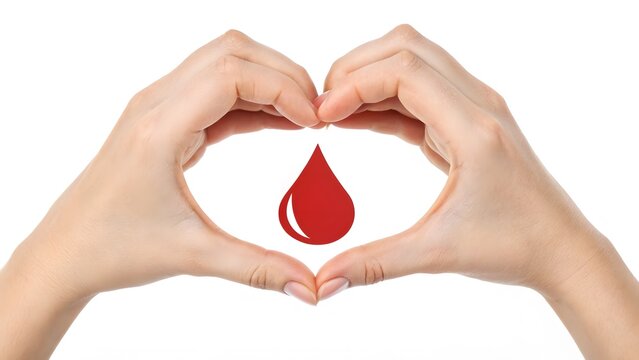 Human hands forming heart shape around glowing red blood drop icon against clean white background