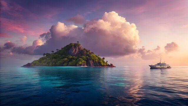 Luxury private yacht cruises past a tropical green island during a vibrant golden sunset ocean vista