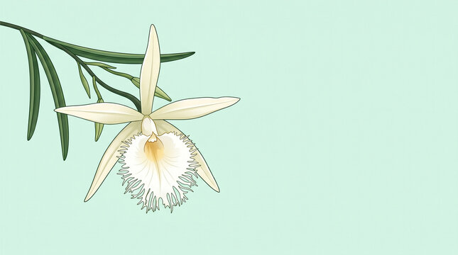 Elegant white orchid flower bloom illustrated with soft green background for minimal artistic floral design prints