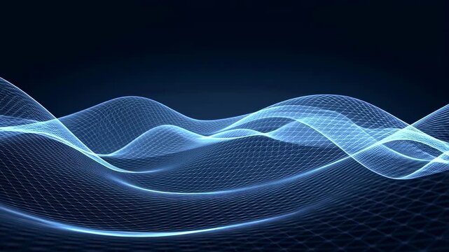 Flowing and undulating blue wave grid mesh moves continuously over a dark background. Animated texture shows lines and grid mesh with flowing movement.