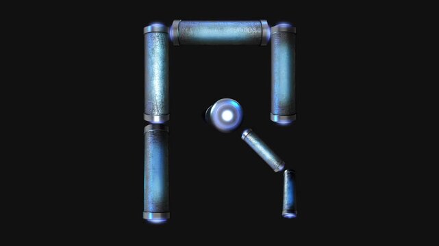 A drag and drop overlay letter that is made up from animated metallic tubes that pulsate and rotate.
