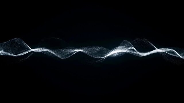 White particles form a glowing wave that flows and pulses horizontally across a dark digital space. Layered composition brings together particle wave and flowing motion.